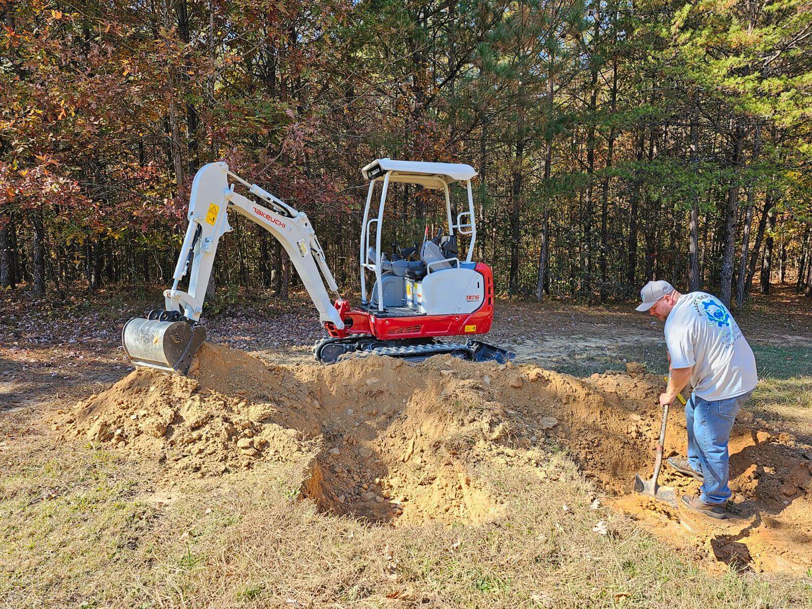 A man is digging a hole with an excavator.