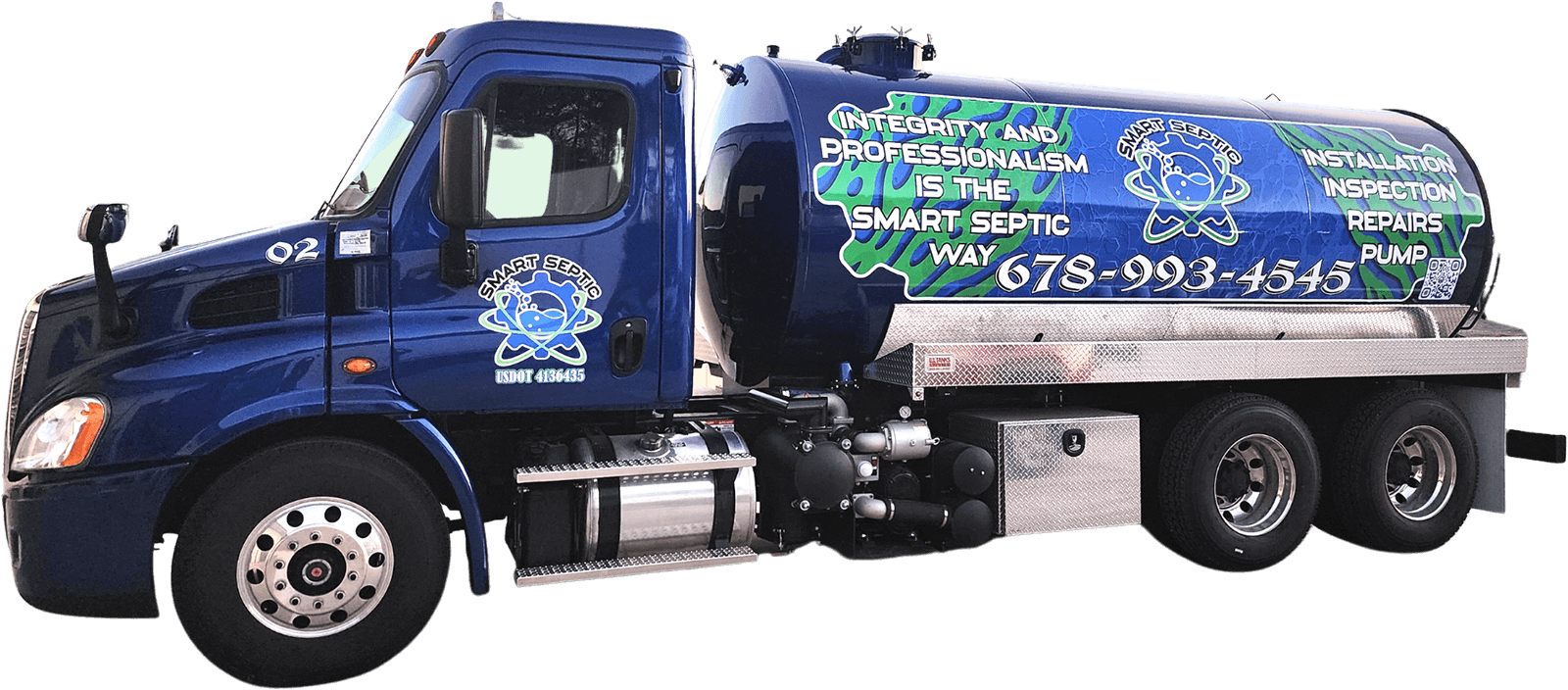 A blue truck with a green septic tank company logo on it.