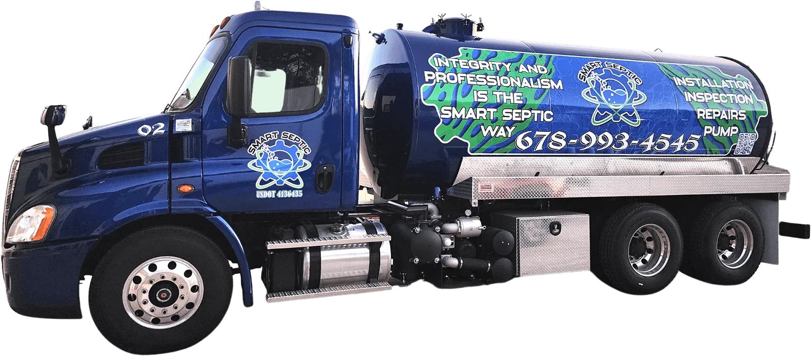 A blue truck with a green septic tank company logo on it.