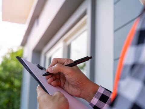 A man conducting septic tank inspections at a house, using a clipboard to write down notes.