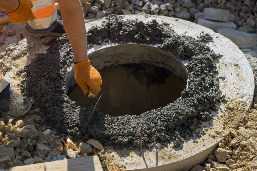 A worker is pouring concrete around a septic tank hole during landscaping.