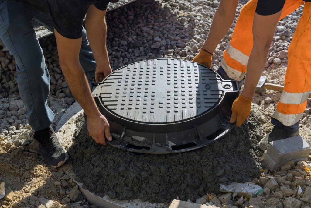 Two men working on an advanced septic system's manhole cover.