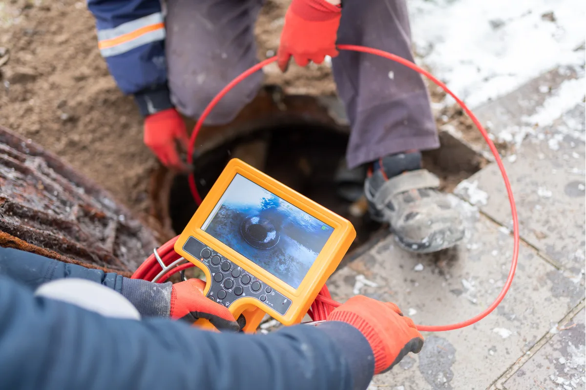 Workers conducting a septic system inspection using a portable video camera system.