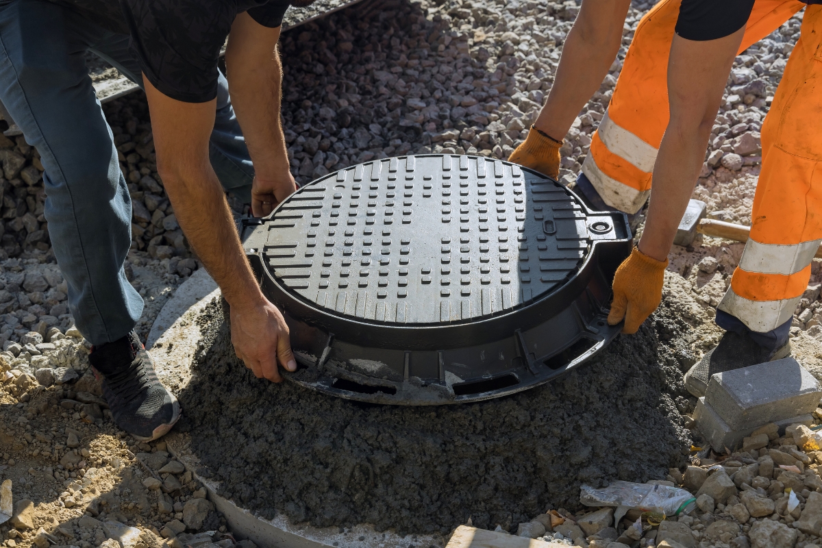 Workers installing a new manhole cover for emergency septic services in an urban setting.