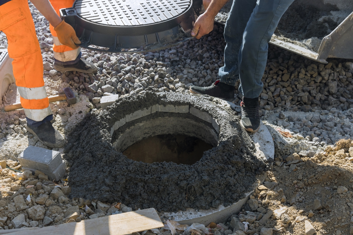 Construction workers install a manhole cover for a septic system on a street, surrounded by gravel and tools.