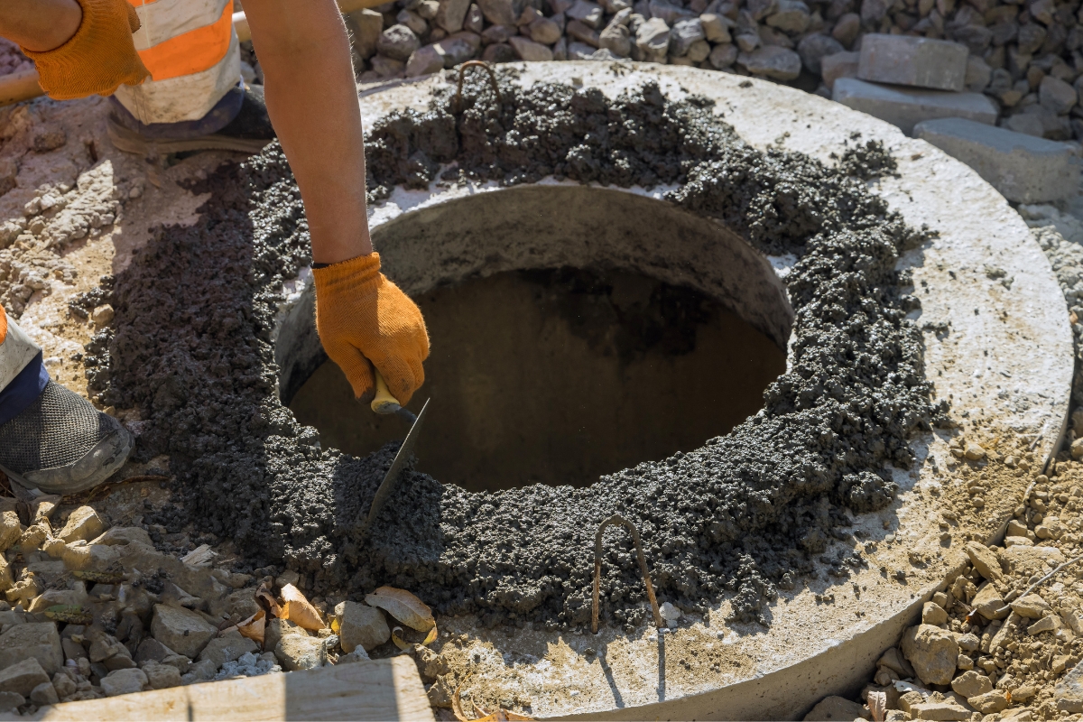 Construction worker using a trowel on wet concrete around a circular foundation hole for commercial septic systems at a construction site.