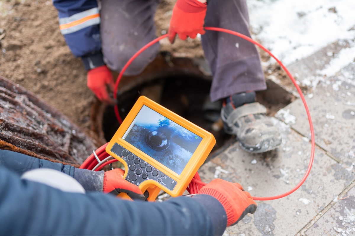 Two workers inspect an underground pipe using a camera inspection system to demonstrate how to find a septic system on property. One holds the camera screen, which displays the interior of the pipe, while the other manages the cable.