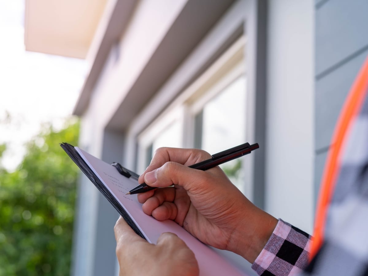 A homeowner holds a clipboard and pen, diligently writing notes for a septic tank inspection checklist outside near a building.