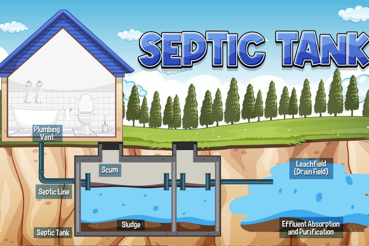 Illustration of a septic tank system, showing how to install a septic system with labeled components such as plumbing vent, septic line, septic tank, scum, sludge, leachfield (drain field), and effluent absorption and purification.