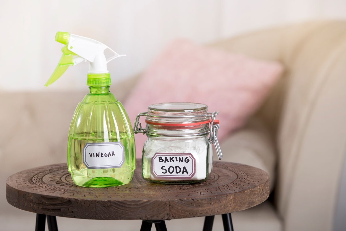 A spray bottle labeled "Vinegar" and a glass jar labeled "Baking Soda," essential for combating minor septic tank backup, are placed on a small round wooden table.