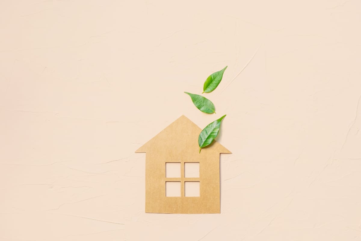 Cardboard house silhouette with window cutouts, paired with green leaves symbolizing nature’s harmony, on a beige background.