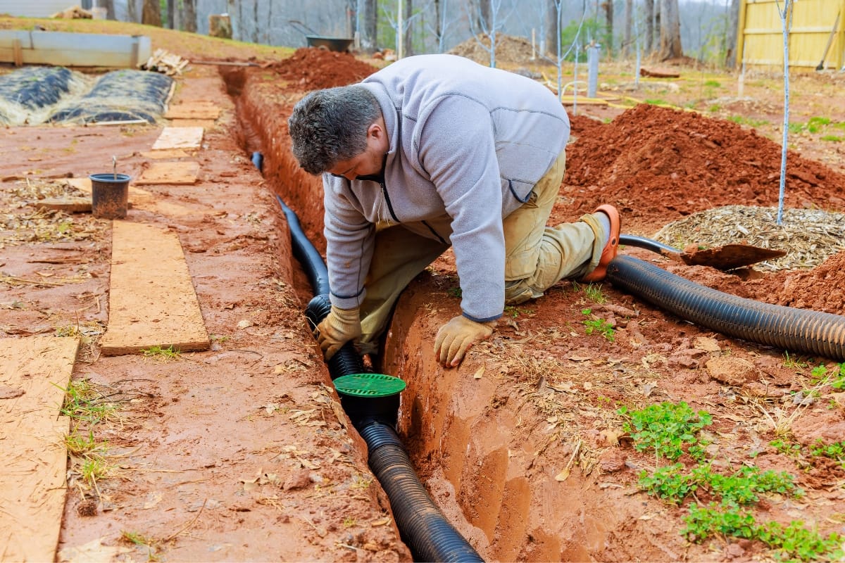 A person installs a drainage pipe in a trench on a construction site, carefully adhering to septic drain field requirements. The work unfolds amid red soil and wooden planks, ensuring everything aligns with precise standards.