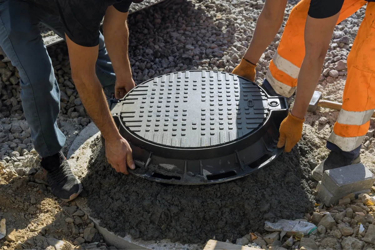 Two workers are installing a manhole cover on a gravel surface to ensure proper access for groundwater management.