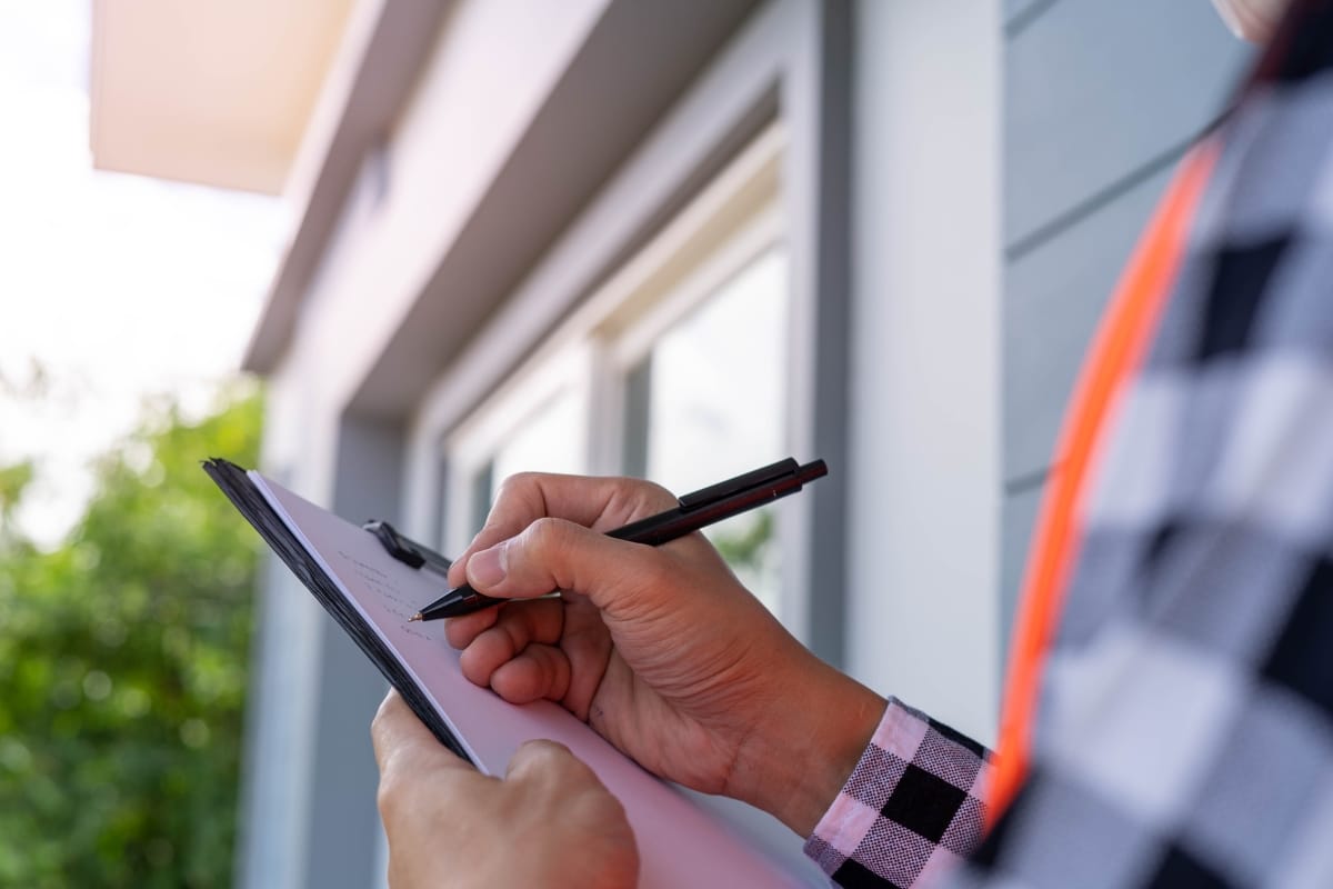 Buying a Home with a Septic System in Acworth, GA: Essential Insights 2 A person holds a clipboard and writes with a pen while standing outside a building, inspecting details essential for buying a home with a septic system.