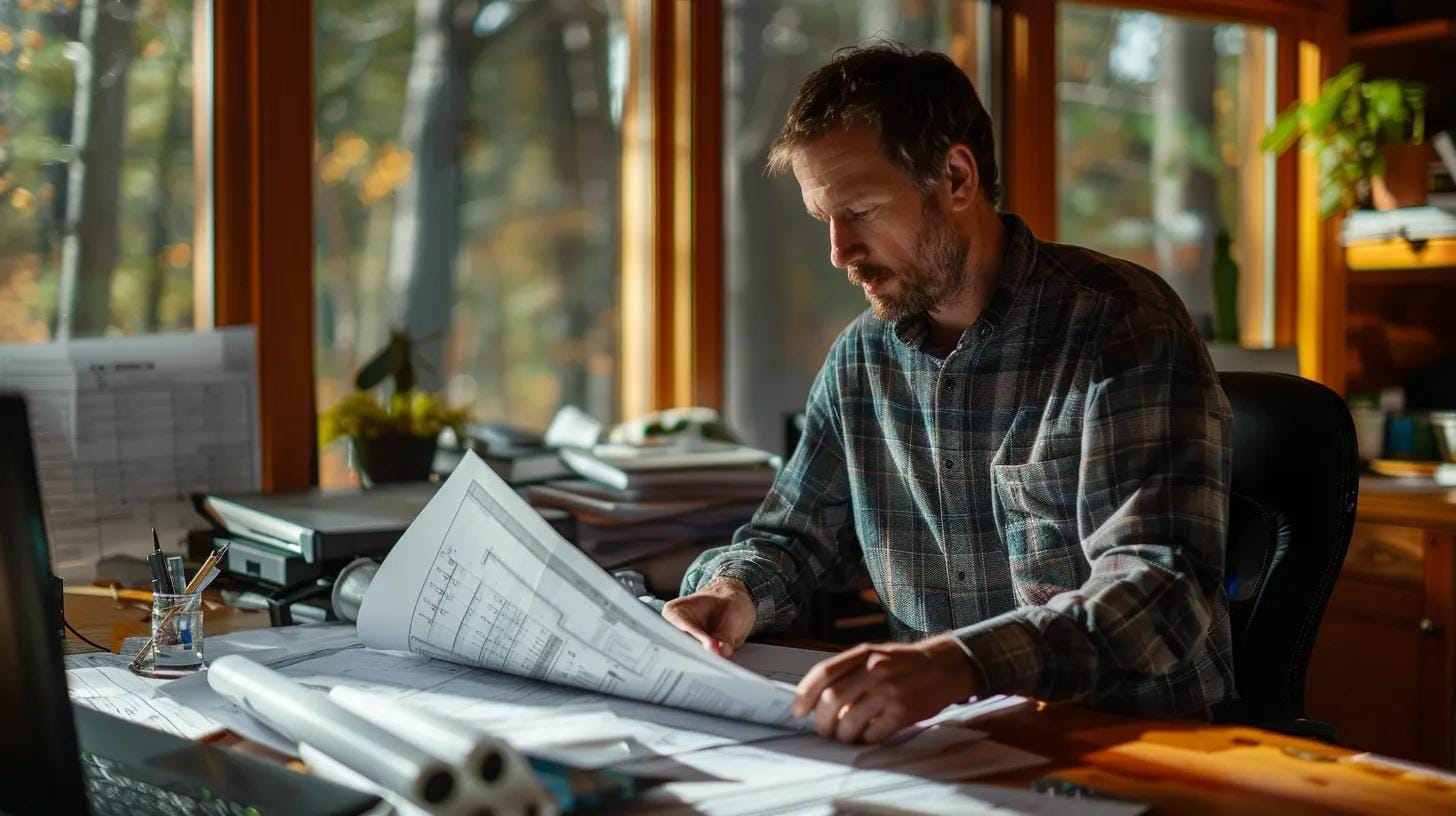Off-Grid Septic Systems in Marietta, GA: Solutions for Remote Homes 4 a meticulous engineer reviews detailed blueprints and specifications for an off-grid septic system installation in a modern, well-lit office filled with technical equipment and regulatory charts.
