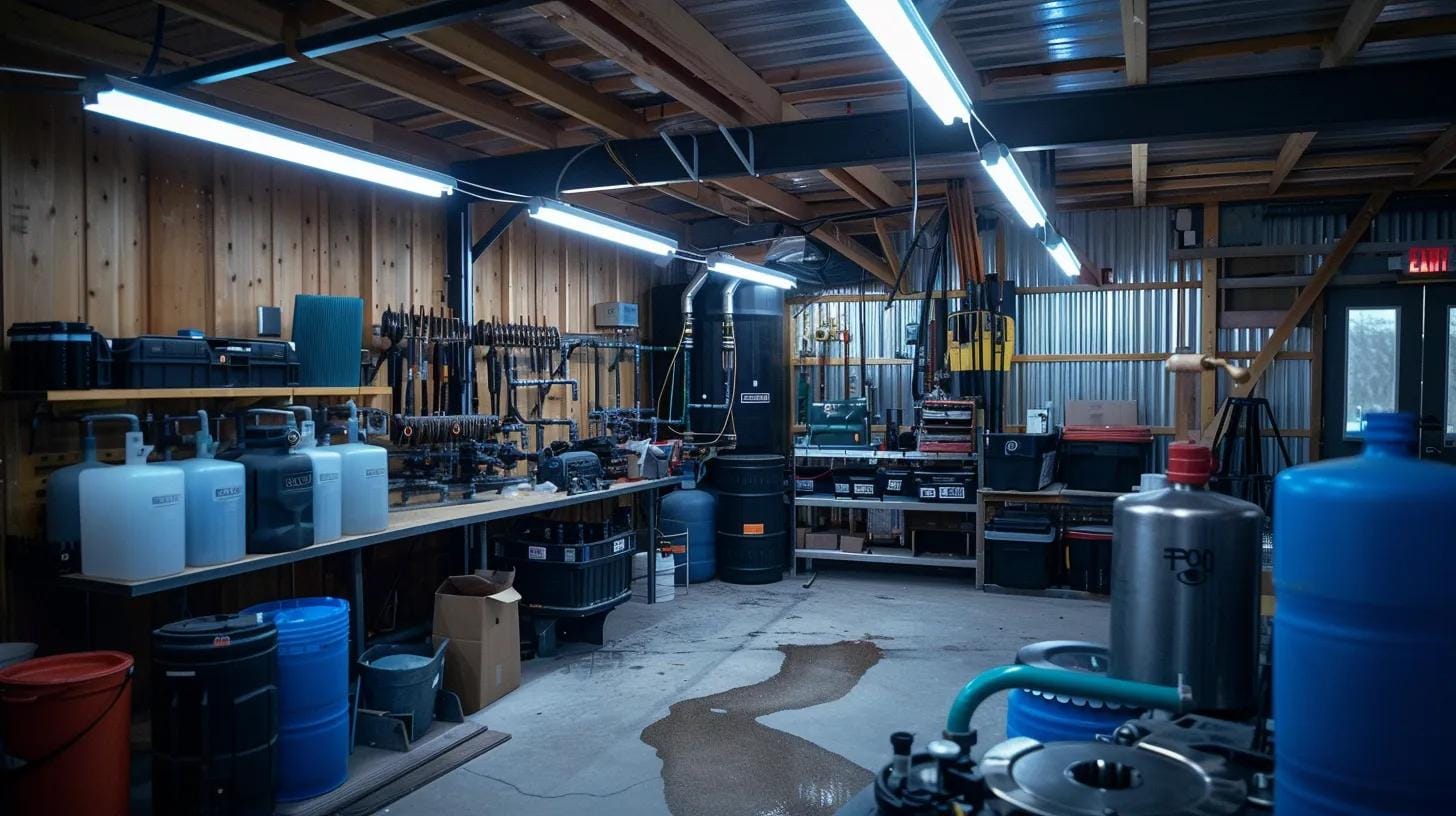 Off-Grid Septic Systems in Marietta, GA: Solutions for Remote Homes 6 a meticulously organized remote maintenance workshop showcases advanced tools and equipment for optimizing off-grid septic systems, illuminated by bright overhead lights that highlight the efficiency of the setup.