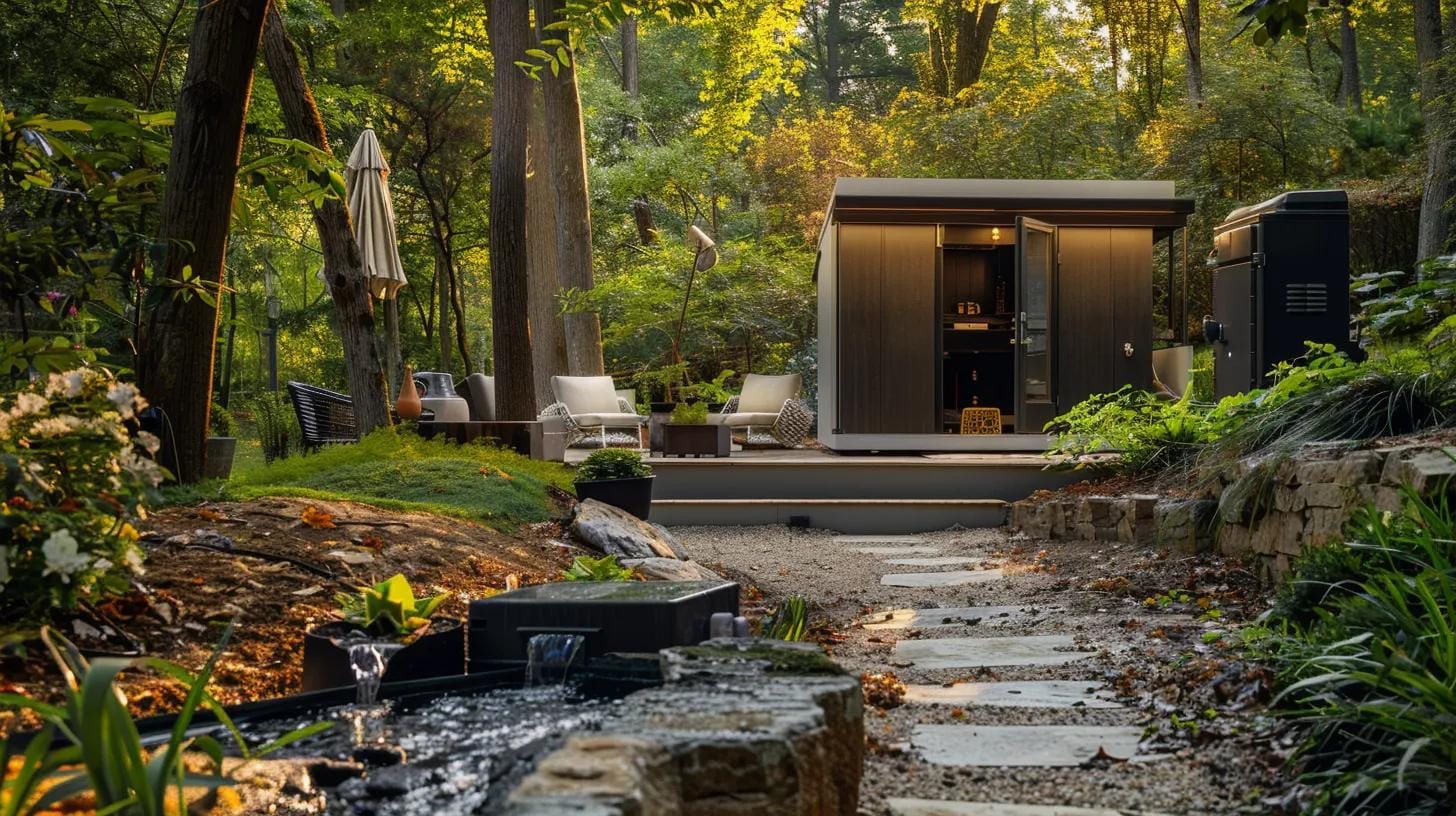 a modern off-grid septic system installation is showcased in a neat and organized backyard setting in marietta, ga, highlighting innovative plumbing solutions for remote homes amidst an urban backdrop.