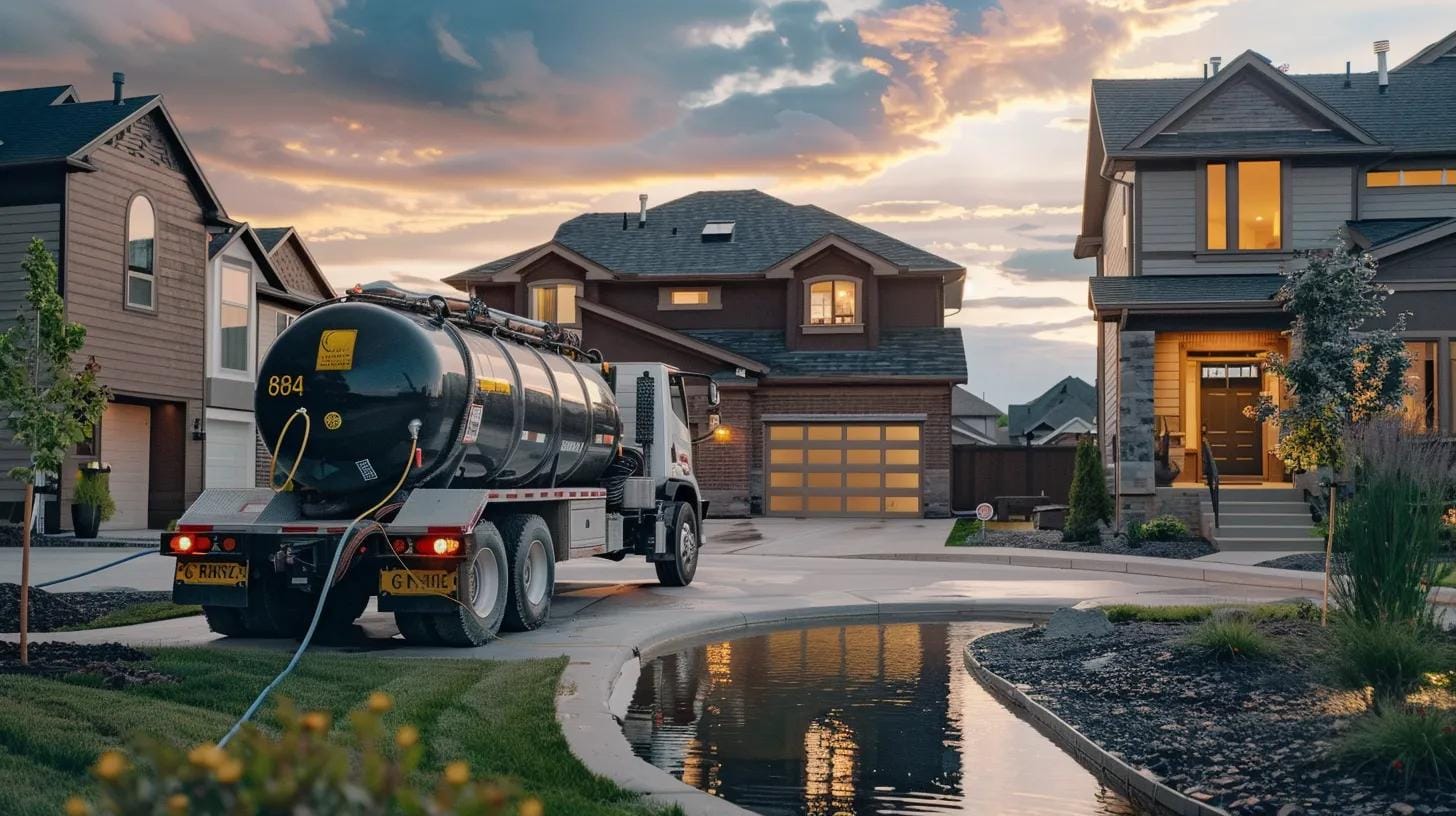 a professional septic tank cleaning service operates in a well-equipped, modern urban setting, showcasing high-tech machinery and a service vehicle parked in front of a suburban home, emphasizing the importance of regular maintenance.