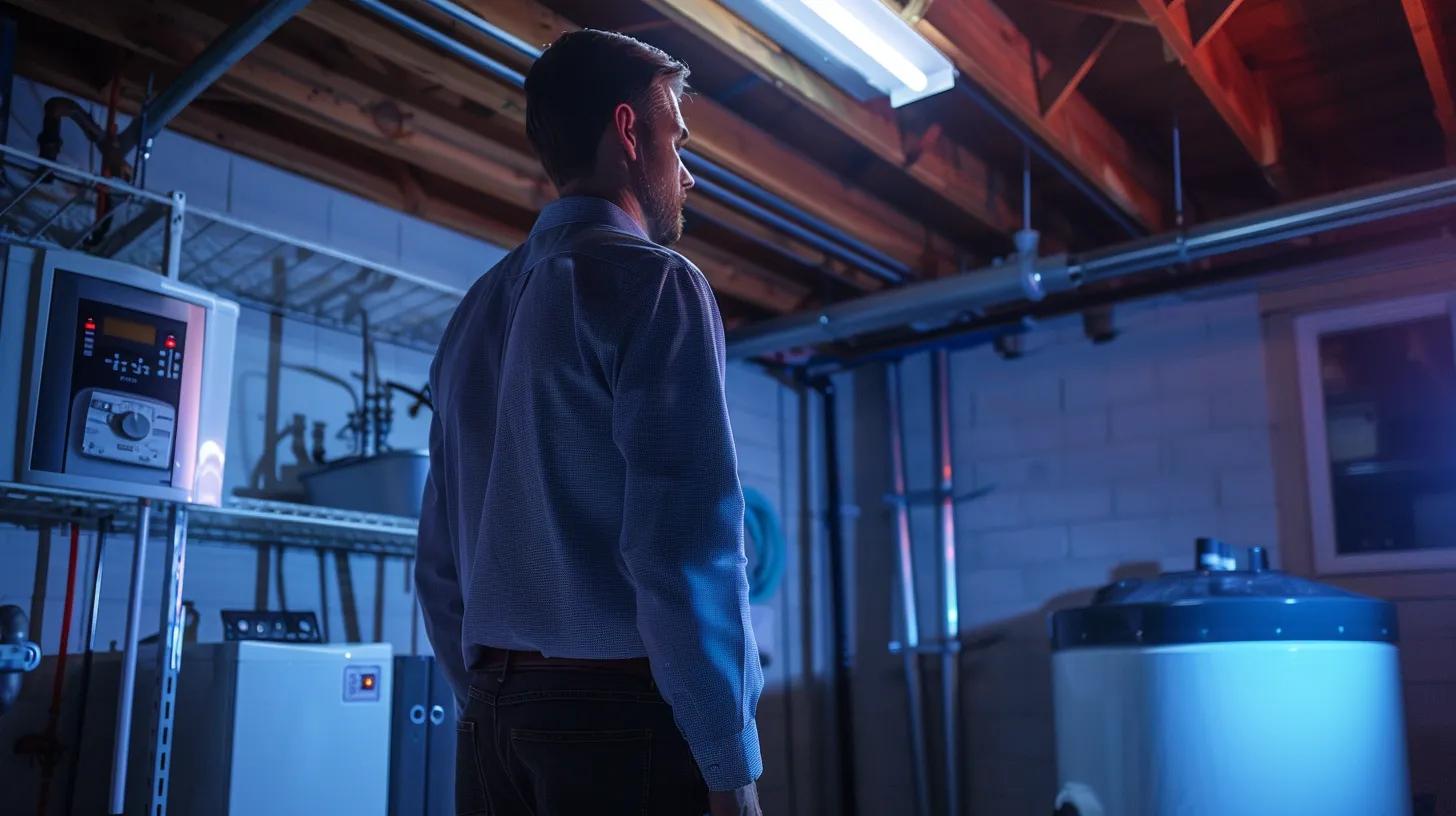 Septic Tank Cleaning in Acworth, GA: Importance of Regular Maintenance 2 an attentive homeowner inspects a modern basement utility room, focused on a visibly full septic tank alarm system, illuminated by bright overhead lighting to emphasize the urgency of recognizing septic issues.