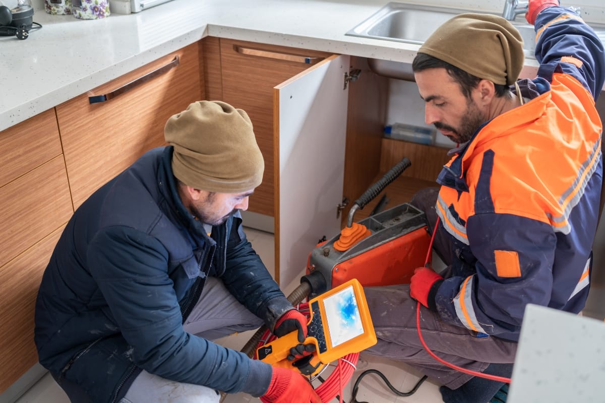 Septic System Summer Care in Woodstock: Preparing for Gatherings 1 Two workers in winter clothing inspect a drain under a kitchen sink, possibly checking connections to the septic system, using a camera and monitor device. Cabinet doors are open and tools are visible.
