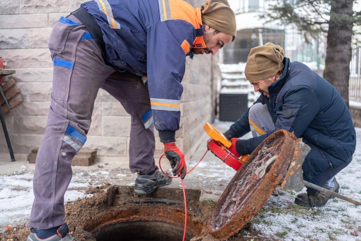 Septic System Myths in Kennesaw, GA: Debunking Common Misconceptions 2 Two workers in winter clothing inspect an open manhole; one holds a cable while the other operates an electronic device, addressing common Septic System Myths beside the rusty manhole cover.