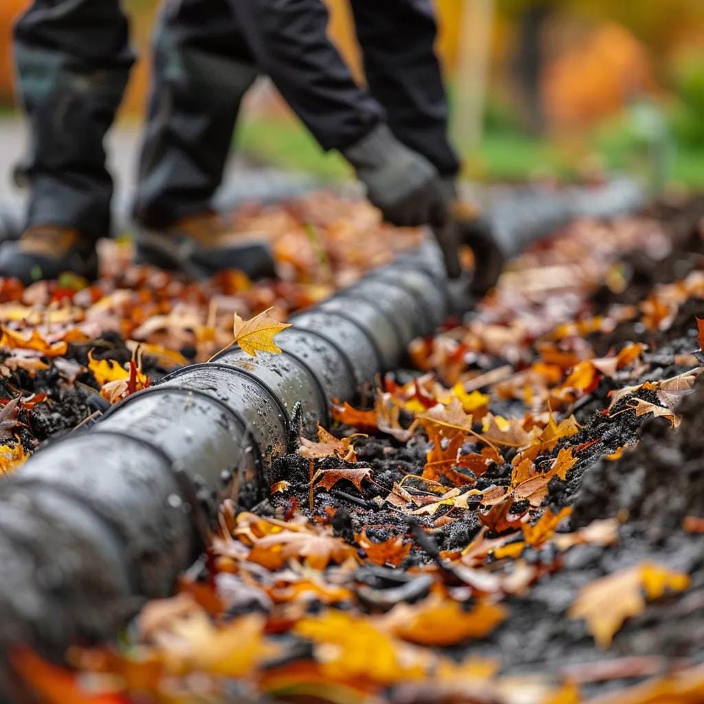 Fall Septic Maintenance in Acworth, GA: Preparing Your System 7 Close-up of a drain field with mulch insulation and proper vegetation management, showcasing fall protection practices