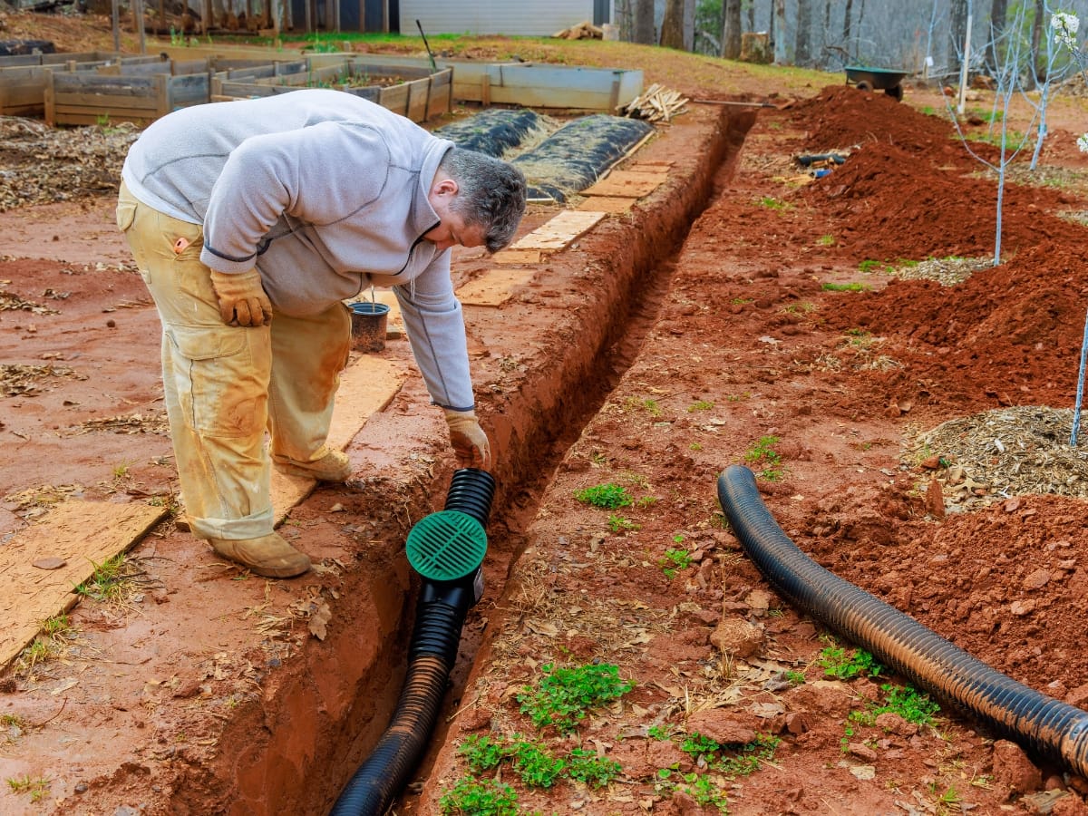 Septic System Components in Marietta, GA: Understanding the Basics 11 A person installs a black drainage pipe with a green grate, key septic system components, in a trench alongside a garden bed in a backyard.