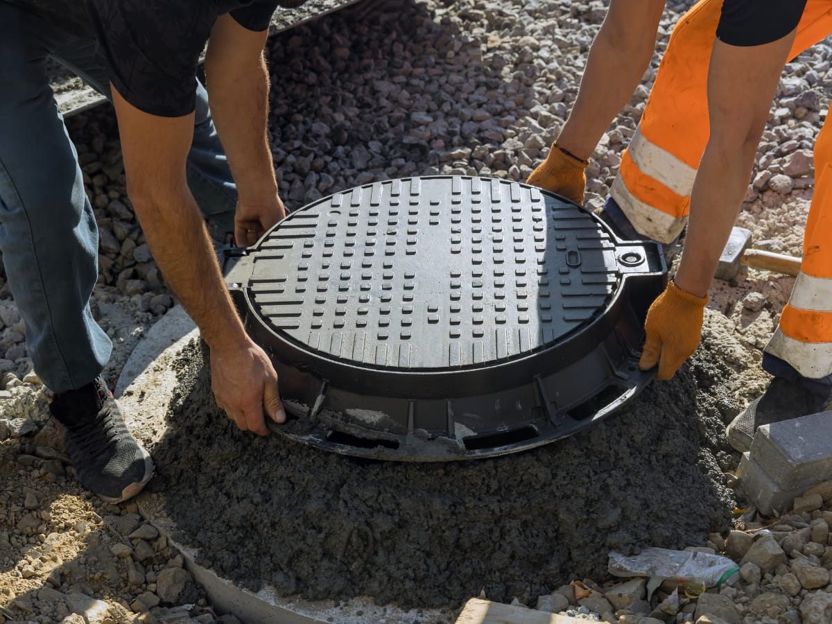Septic System Components in Marietta, GA: Understanding the Basics 13 Two workers install a manhole cover onto a concrete base at a construction site, surrounded by gravel and tools—key steps in assembling septic system components.
