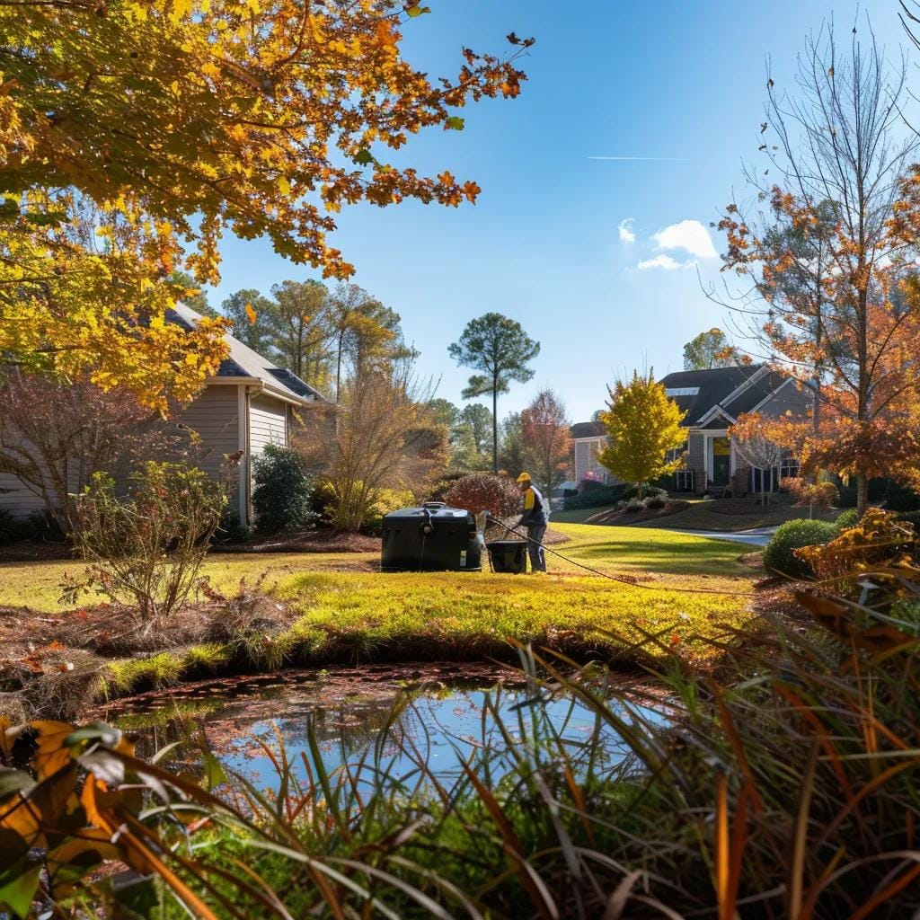 Autumn landscape in Acworth, GA with a technician inspecting a septic system, highlighting fall maintenance importance