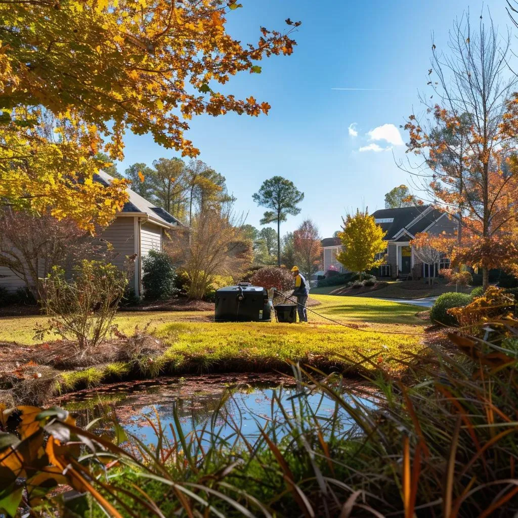 Autumn landscape in Acworth, GA with a technician inspecting a septic system, highlighting fall maintenance importance