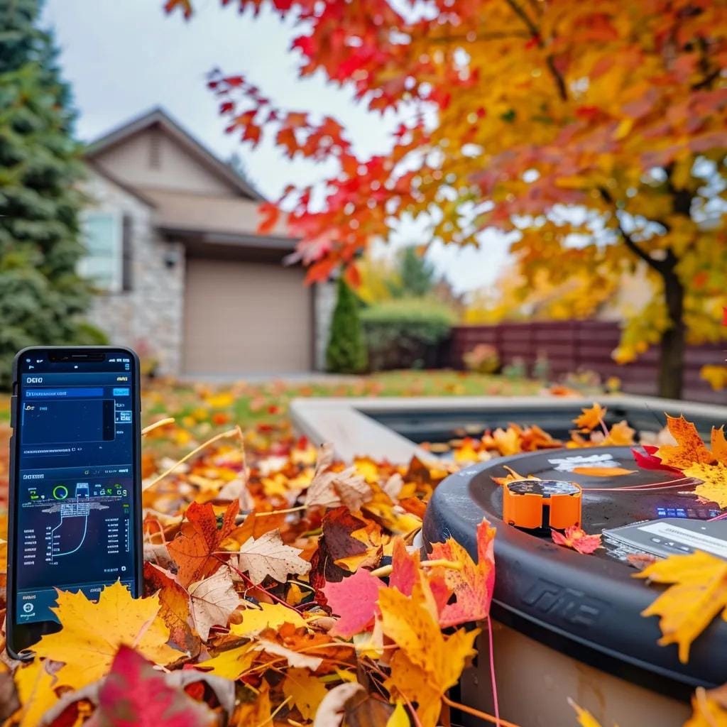 Fall Septic Maintenance in Acworth, GA: Preparing Your System 10 Modern smart septic system with IoT sensors and mobile device displaying real-time data in a fall residential setting