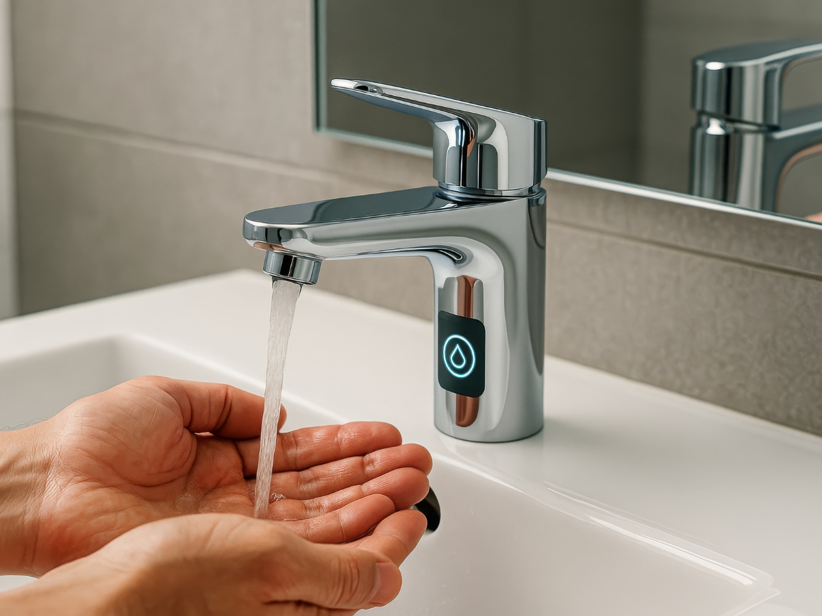 Holiday Septic Tips in Acworth, GA: Preparing for Guests 3 A person holds their hands under running water from a modern touchless faucet in a bathroom sink, following Holiday Septic Tips for efficient water use.