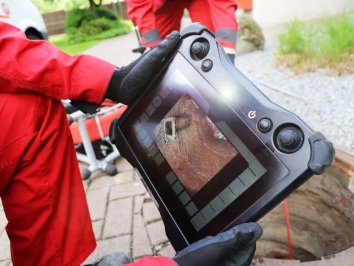 Holiday Septic Tips in Acworth, GA: Preparing for Guests 8 A person in red gloves holds a tablet displaying a close-up image of a pipe, likely taken during an inspection near an open manhole, demonstrating proactive Holiday Septic Tips for keeping your system in top shape.