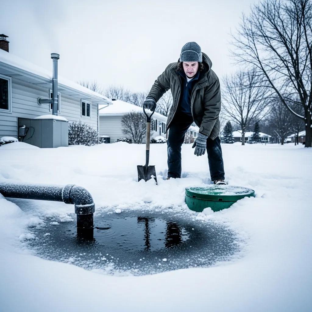 Homeowner spotting signs of a frozen septic system in winter
