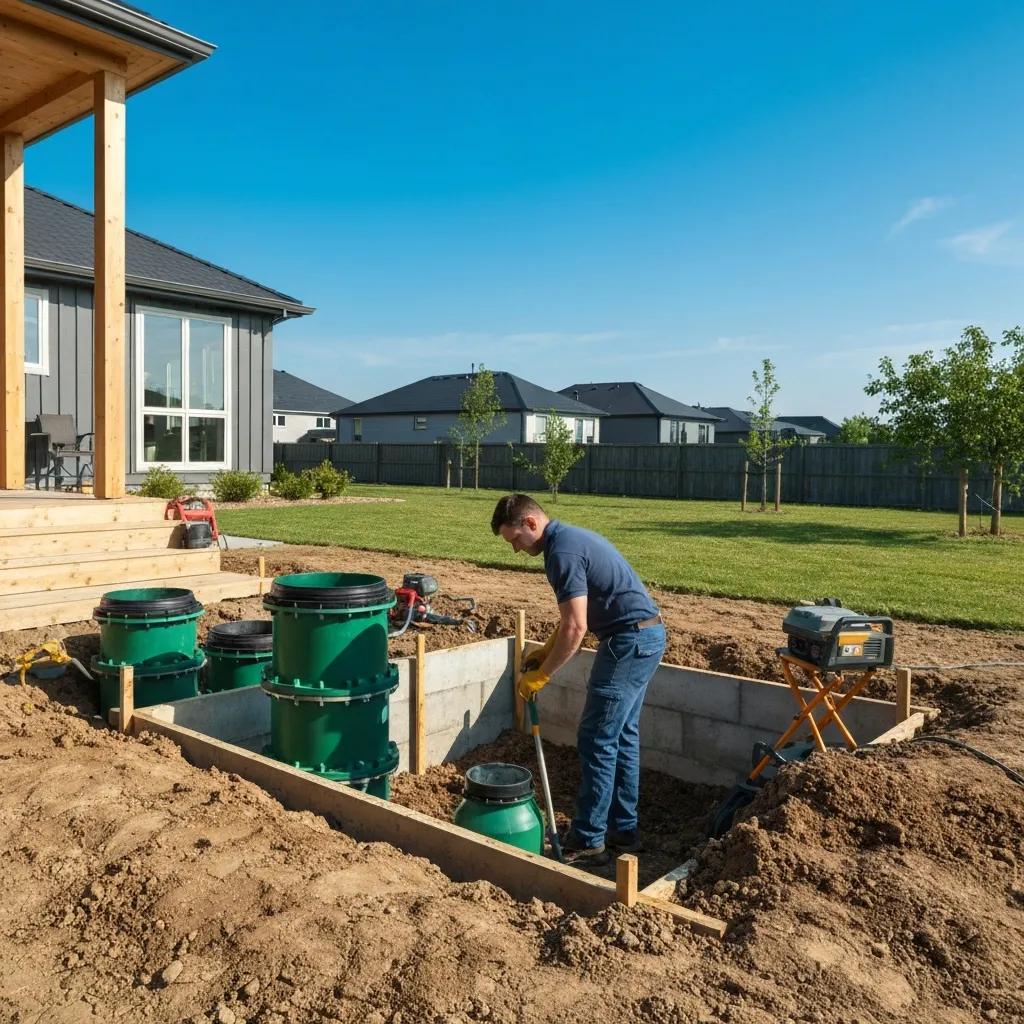 Modern septic system installation with technician in residential setting