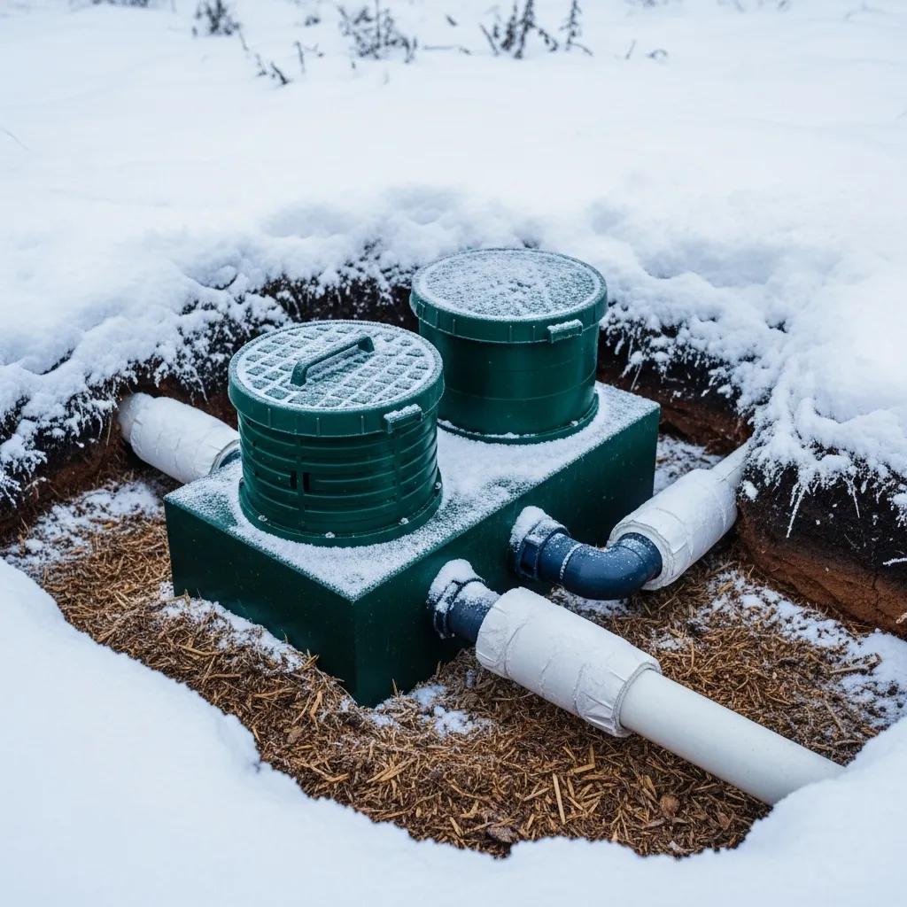 Septic tank system prepared for winter with insulation and mulch in a snowy environment