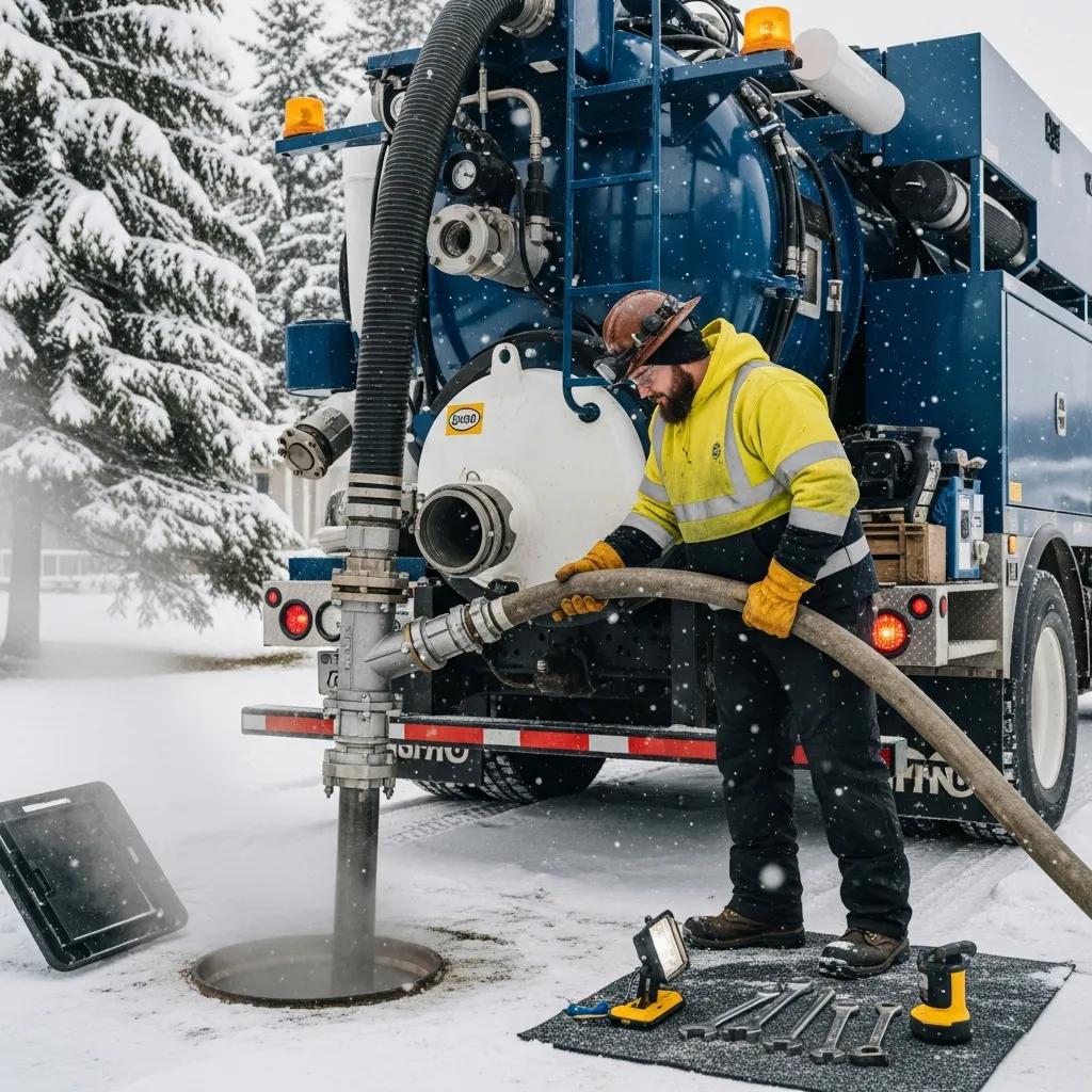 Technician performing a winter septic tank pumping service