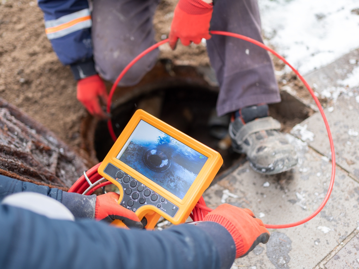 Two workers using a pipe inspection camera to examine the inside of a sewer or drainage pipe at an outdoor worksite, ensuring proper maintenance and winterizing septic systems.
