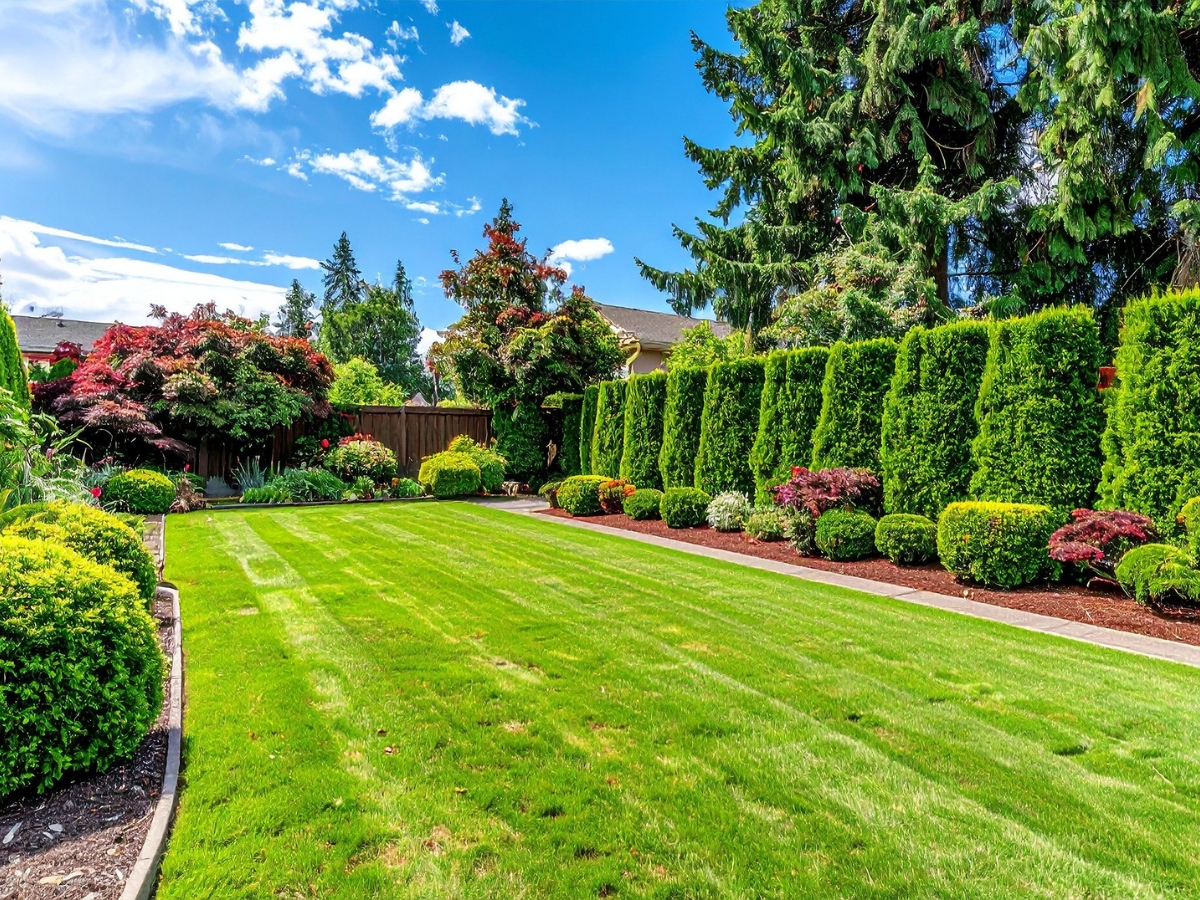 Landscaping Near Septic Systems: What to Plant & Avoid 1 A well-manicured backyard showcases expert landscaping with a green lawn, trimmed hedges, various shrubs, and tall trees beneath a partly cloudy sky.