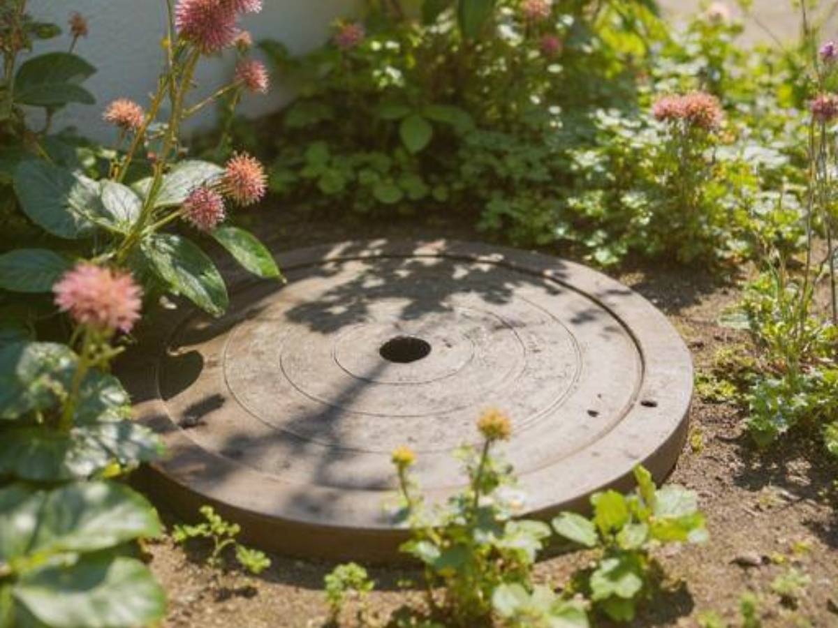 A round metal cover with a central hole is set into the ground, seamlessly integrated into the landscaping, surrounded by green plants and pink flowering stems.