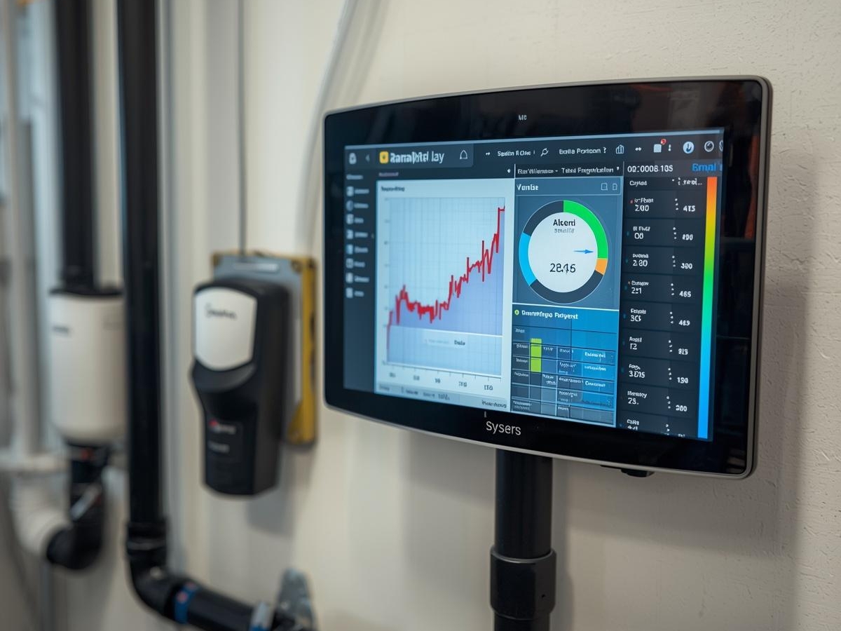 A wall-mounted monitor displays graphs and data visualizations, including a red line chart and a circular progress indicator, showcasing how New Technologies are transforming industrial or technical settings.
