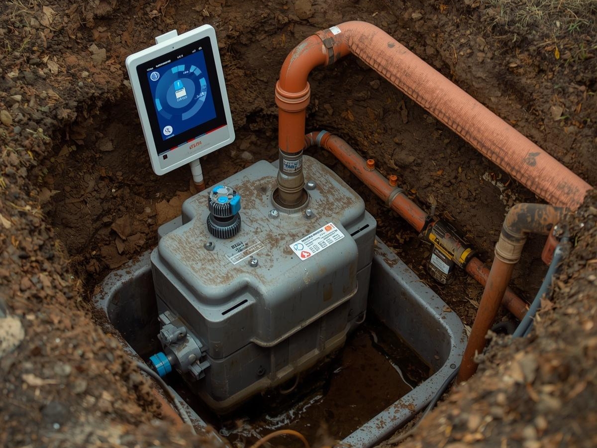 A water or gas utility meter is installed underground with orange pipes attached; a digital display screen shows system data above the meter, highlighting the impact of new technologies in modern infrastructure.