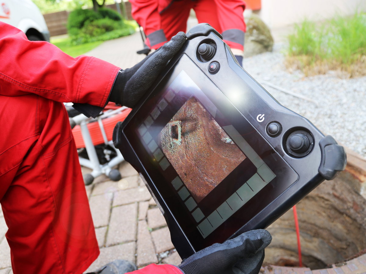 A person in red coveralls and gloves holds a rugged tablet showing an image of a pipe interior during real estate inspections near an open manhole.