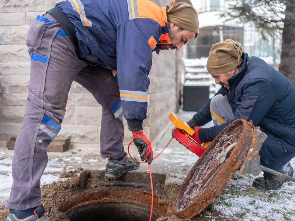 Two workers in winter clothing inspect and clean a manhole, using tools to lift the rusted cover outdoors near a stone building, as part of routine real estate inspections.