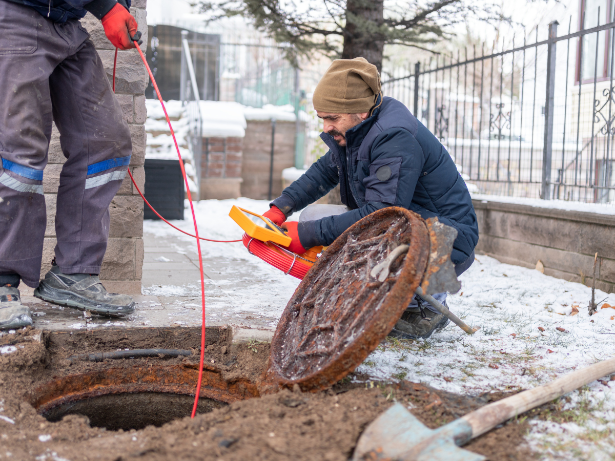 Two workers conduct real estate inspections in a snowy outdoor area, inspecting a manhole with equipment and cables; the manhole cover is partially removed.