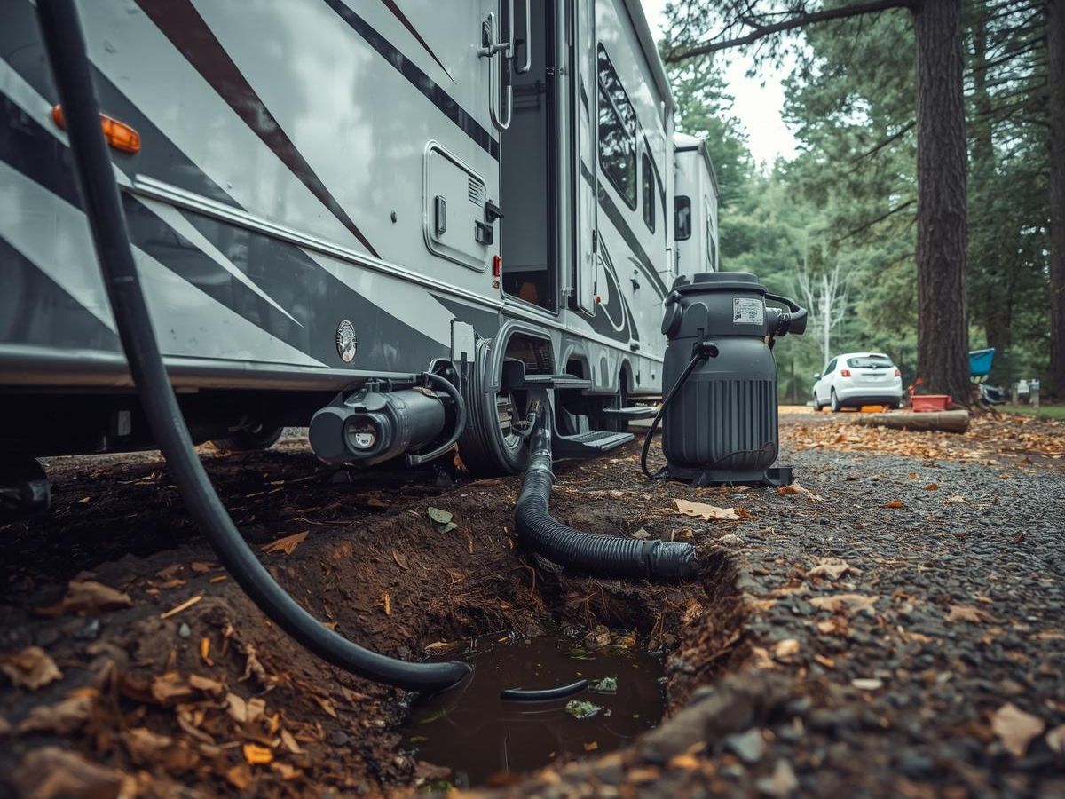 A close-up of an RV with hoses connected for RV pumping, draining wastewater into a ditch surrounded by trees and fallen leaves. A car is parked in the background.
