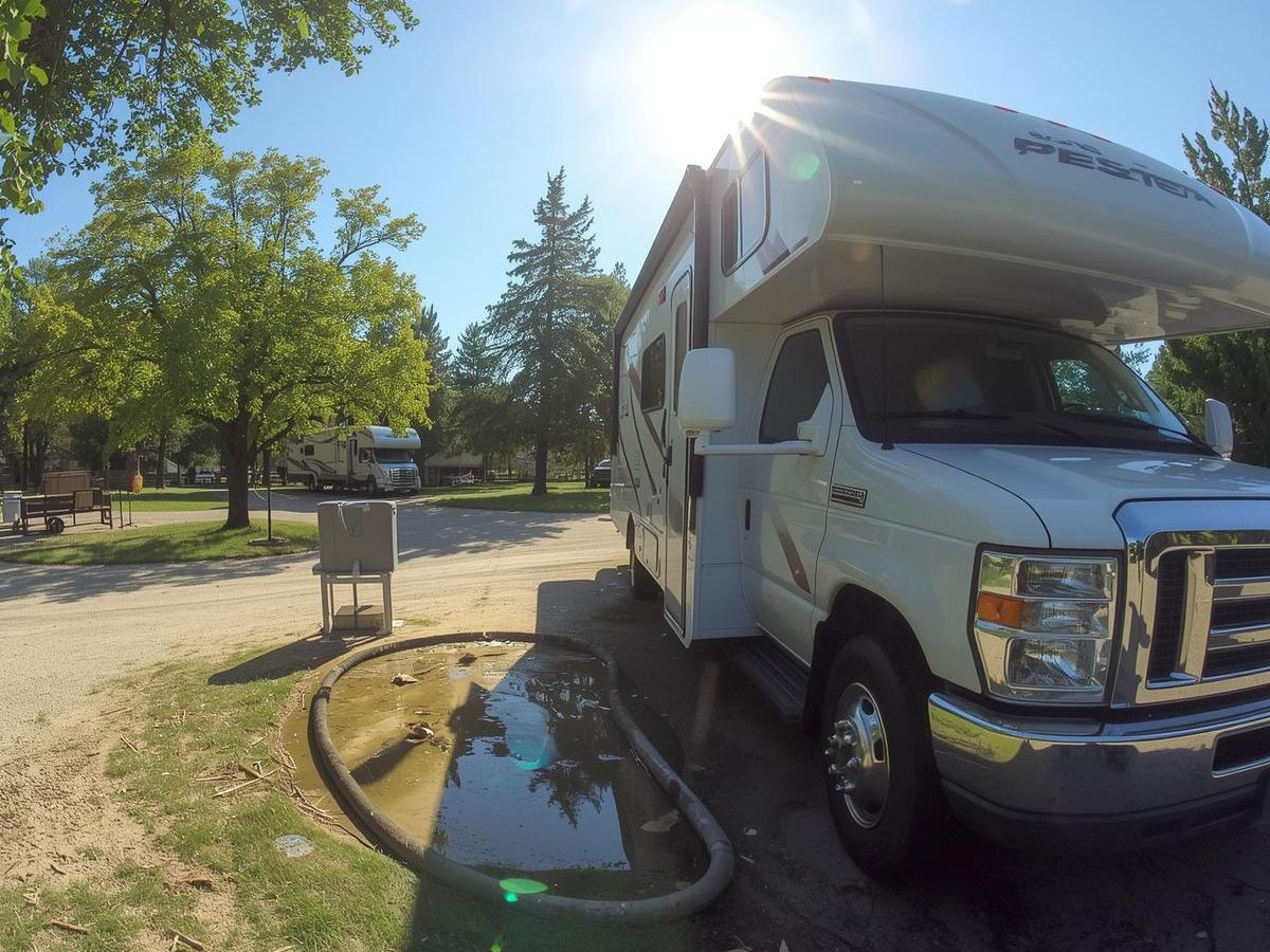 A white RV is parked at a campsite in the sun, hooked up to a water and sewage station with hoses on the ground for RV pumping.