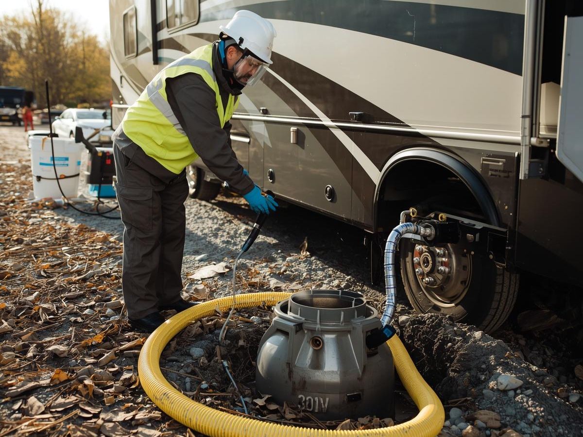 A worker wearing safety gear connects a hose from an RV to a portable waste tank at a campsite, expertly managing sanitation equipment for efficient RV pumping.
