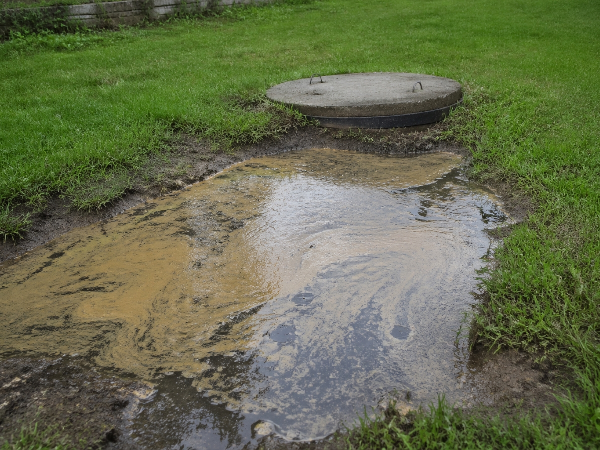 Sewage backup flooding a grassy yard near a concrete septic tank cover highlights the importance of proper septic system care.