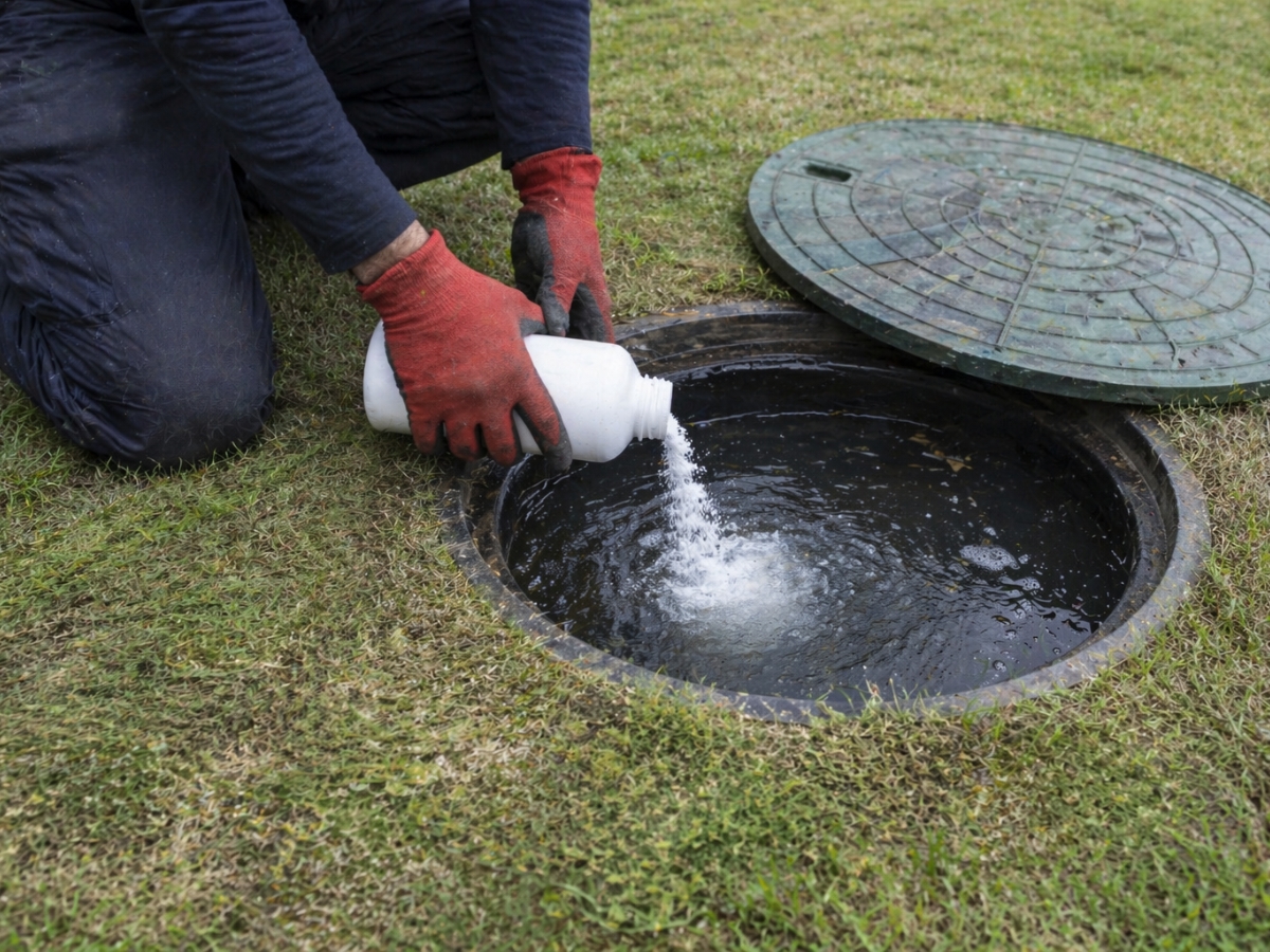 A person wearing red gloves pours powder from a white container into an open outdoor septic tank on grass as part of regular septic system care.